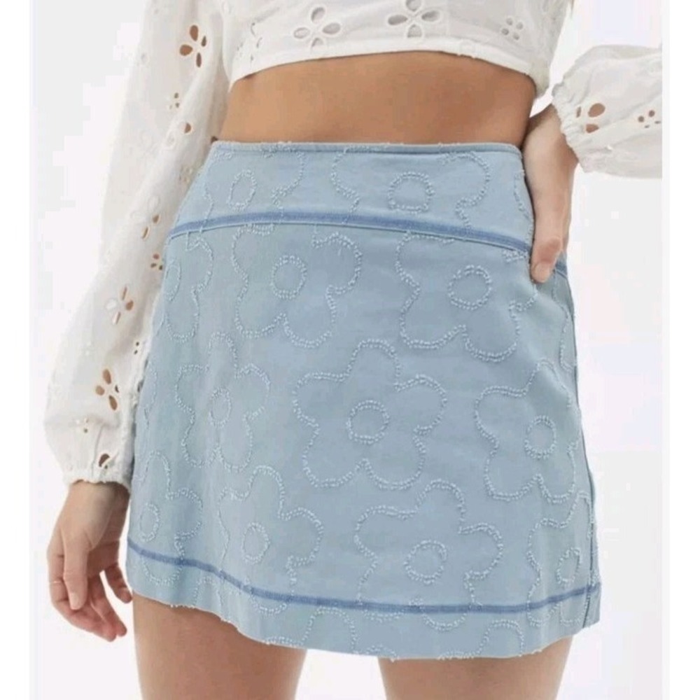 Urban Outfitters UO Sunny Embroidered Hippie Boho 70s Mini Skirt Blue S Rave EUC